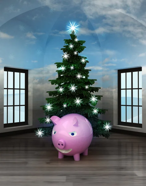 Mennyei szoba boldog disznó csillogó karácsony fa alatt — Stock Fotó