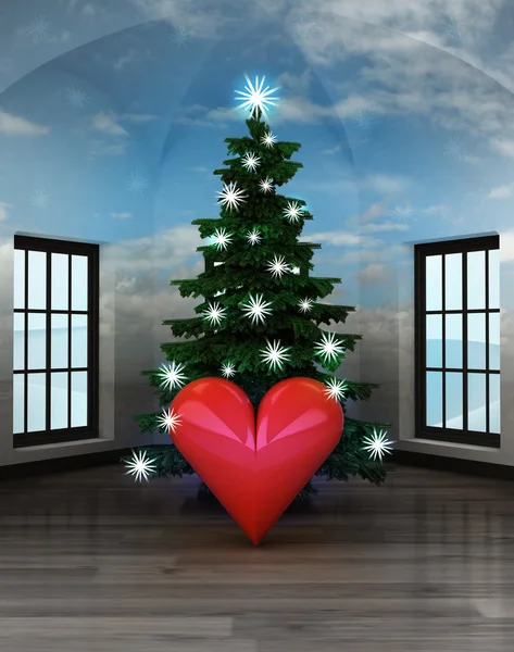 Hemelse kamer met liefde geluk onder glinsterende kerstboom — Stockfoto