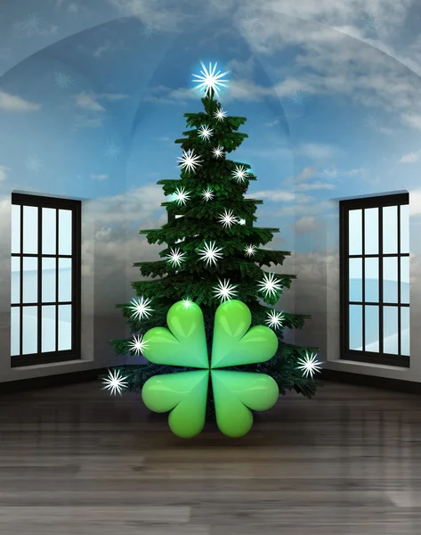 Habitación celestial con la felicidad de la hoja de trébol bajo el brillante árbol de Navidad — Foto de Stock