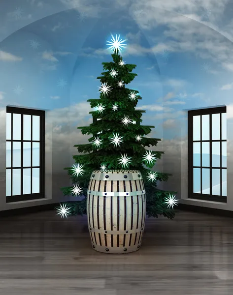 Habitación celestial con barril de bebidas bajo el brillante árbol de Navidad —  Fotos de Stock