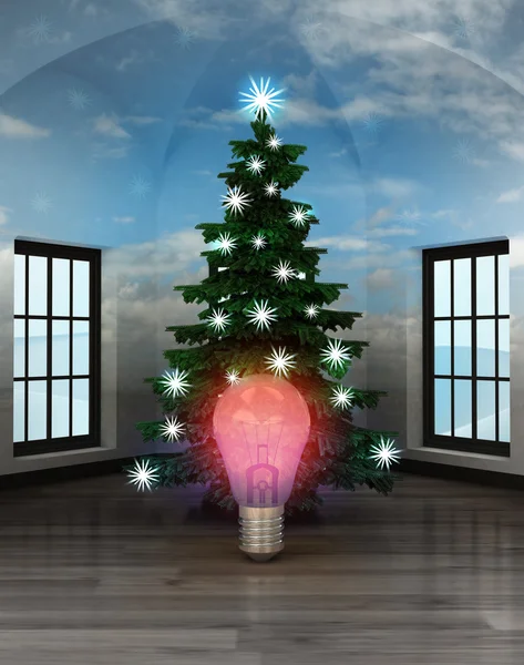 Habitación celestial con bombilla roja brillante bajo el brillante árbol de Navidad — Foto de Stock