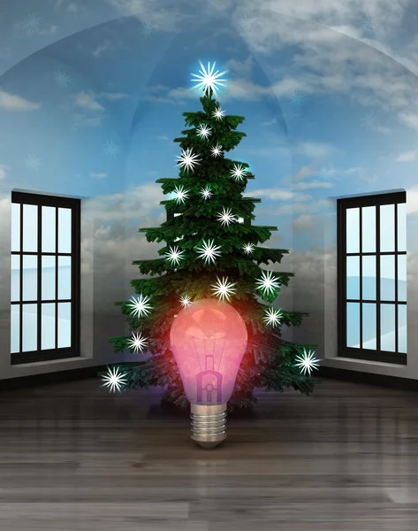 Heavenly room with red shiny bulb under glittering xmas tree — Stock Photo, Image