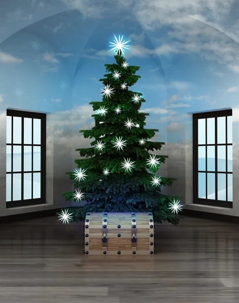 Heavenly room with magic chest under glittering xmas tree — Stock Photo, Image