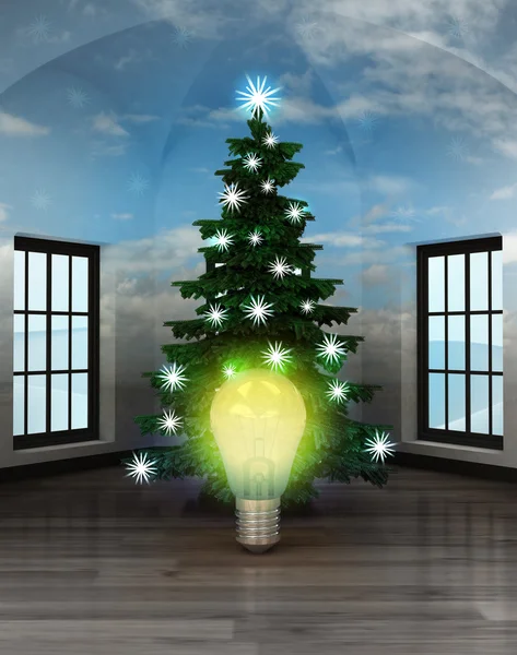 Hemelse kamer met gele glanzende lamp onder glinsterende kerstboom — Stockfoto
