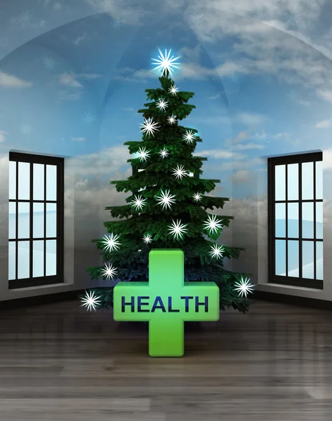 Habitación celestial con cruz de salud bajo el brillante árbol de Navidad —  Fotos de Stock