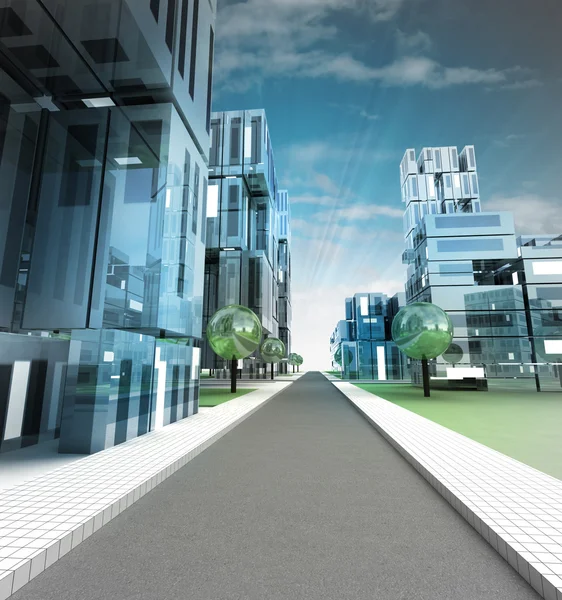 Νέα σύγχρονη απεικόνιση των δρόμο της πόλης του μέλλοντος με ουρανό — Φωτογραφία Αρχείου