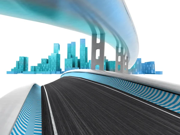 Race motorways leading to modern skyscraper city on white render — Stock Photo, Image