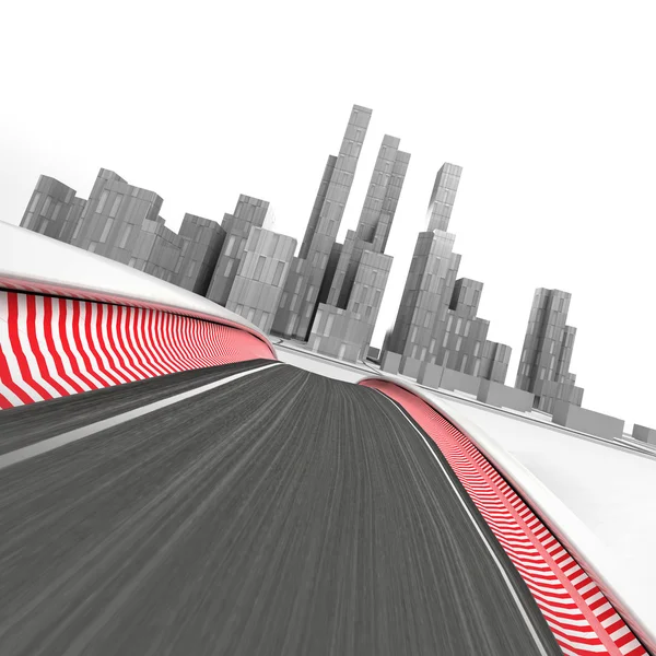 Circuito da corrida que conduz à cidade moderna do arranha-céu na renderização branca — Fotografia de Stock