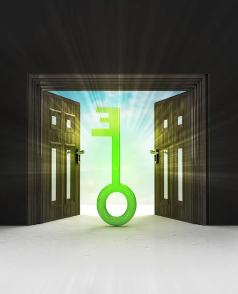 Green key to future through doorway space with sky flare — Stock Photo, Image