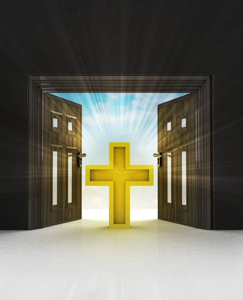 Way to Christian religion through doorway space with sky flare — Stock Photo, Image