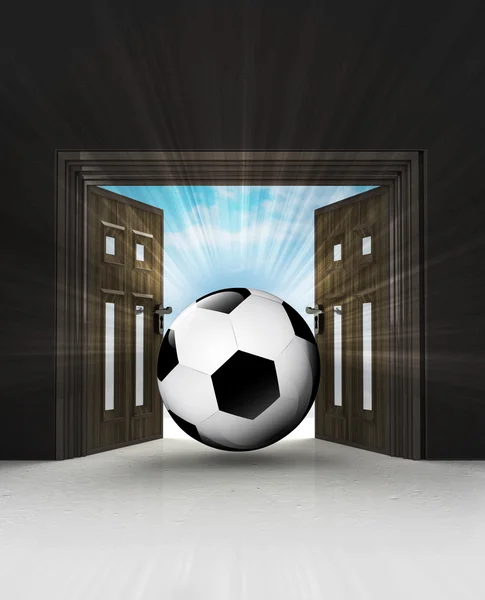 Way to football match through doorway space with sky flare — Stock Photo, Image