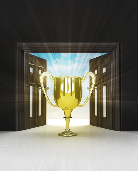 Way to cup win through doorway space with sky flare — Stock Photo, Image