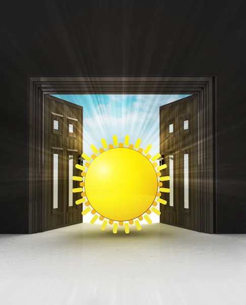 Way to shiny sun through doorway space with sky flare — Stock Photo, Image
