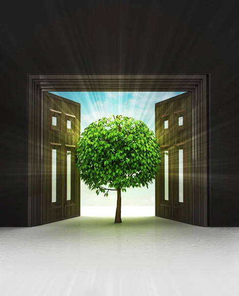 Way to nature through doorway space with sky flare — Stock Photo, Image