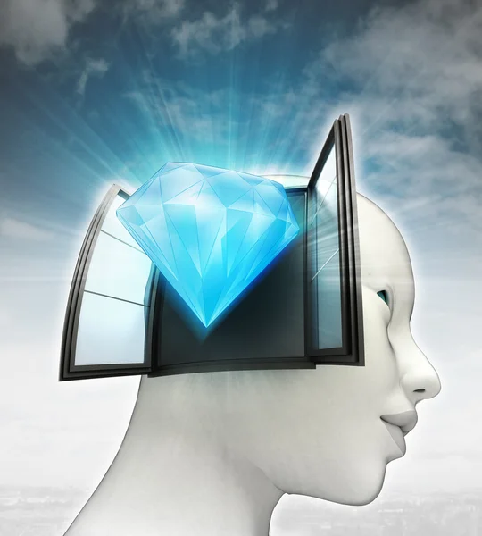 Diamond luxury coming out or in human head with sky background — Stock Photo, Image