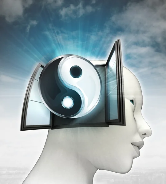 Soul harmony coming out or in human head with sky background — Stock Photo, Image