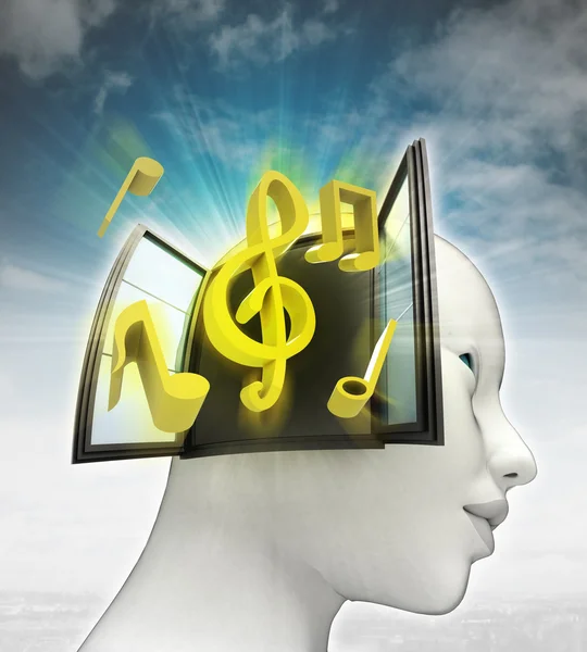 Music coming out or in human head with sky background — Stock Photo, Image