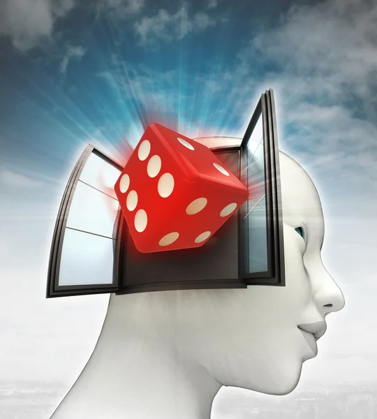 Lucky dice kommer ut eller i mänskliga huvudet med himmel bakgrund — Stockfoto