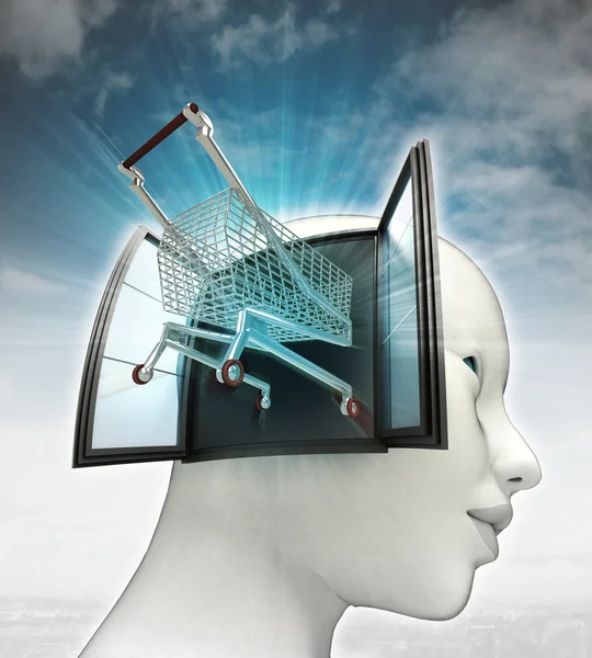 Shopping cart drive out or in human head with sky background — Stock Photo, Image