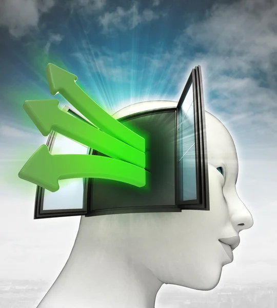 Green idea arrows coming out of human head thinking with sky background — Stock Photo, Image