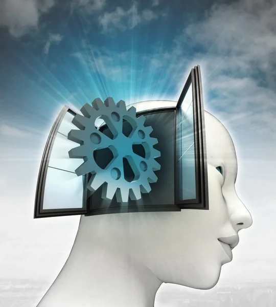 Industrial cogwheel part coming out or in human head with sky background — Stock Photo, Image