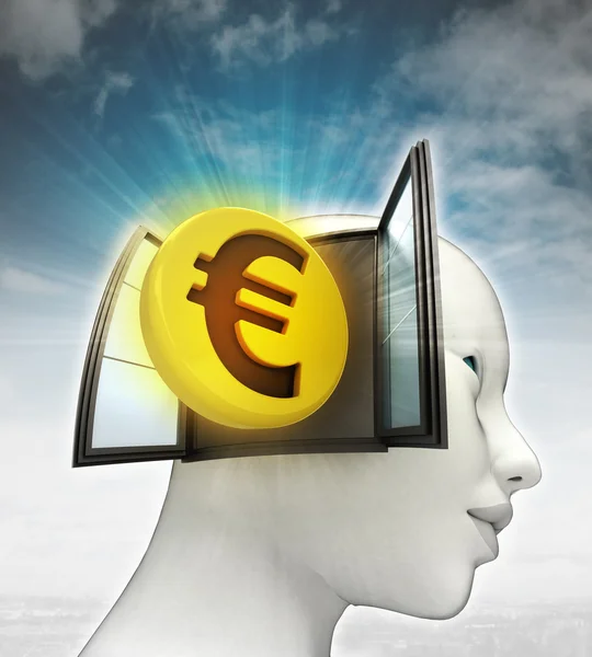 Investimento em moedas de euro a sair ou na cabeça humana com fundo celeste — Fotografia de Stock