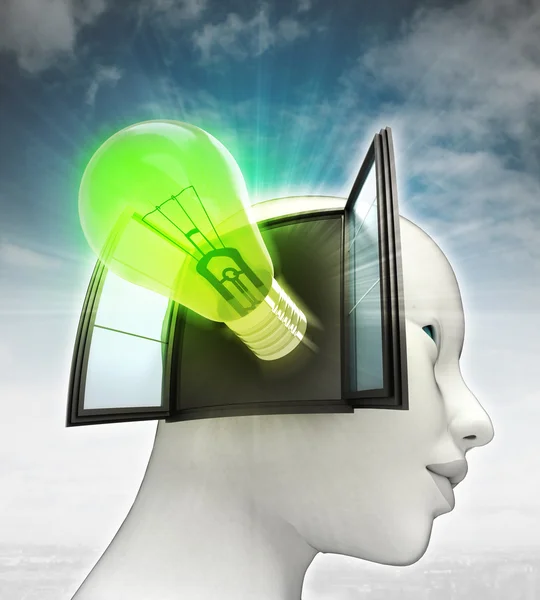 Grönt lysande lampa uppfinning som kommer ut eller i mänskliga huvudet med himmel bakgrund — Stockfoto