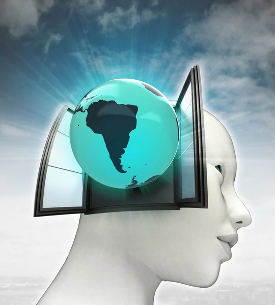Zuid-Amerika wereld afkomstig is uit of in menselijk hoofd met hemelachtergrond — Stockfoto
