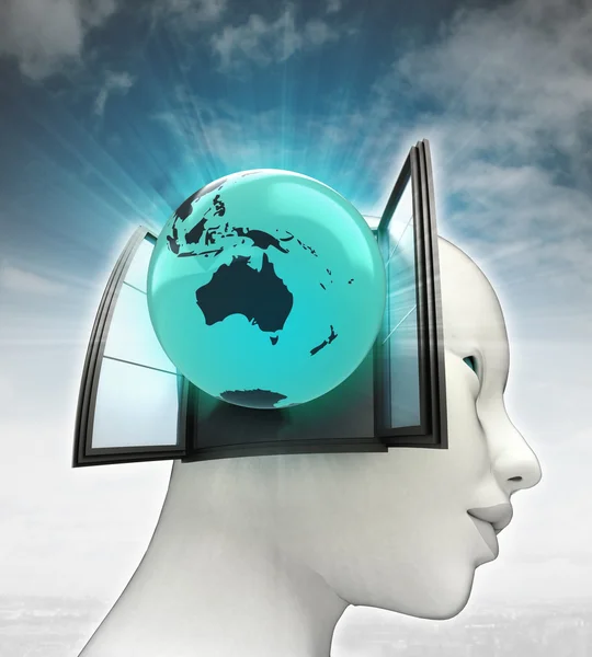 Australia globe coming out or in human head with sky background — Stock Photo, Image