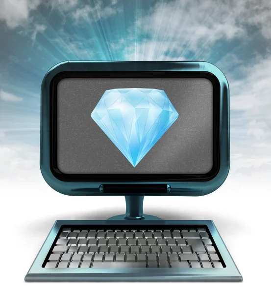 Blue metallic computer with pure diamond with background flare — Stock Photo, Image