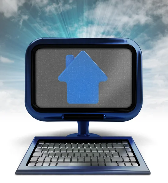 Ordenador metálico azul con icono de la casa con destello de fondo —  Fotos de Stock