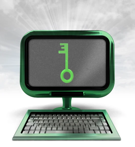 Green computer with key to knowledge with background flare — Stock Photo, Image