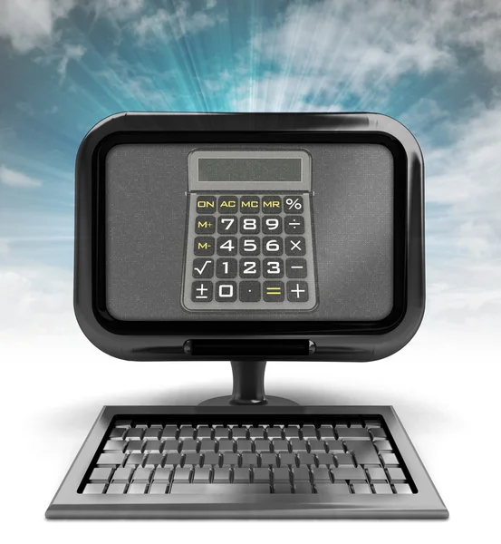 Ordenador metálico con calculadora de negocios con destello de fondo —  Fotos de Stock