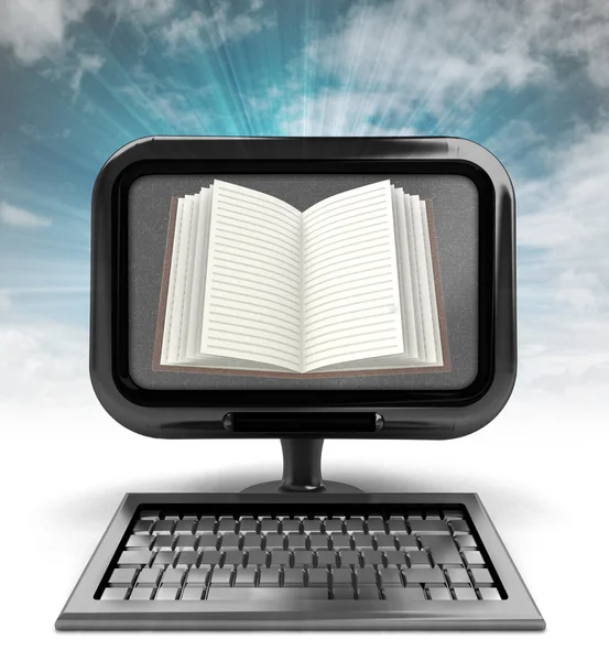 Golden computer with open book with background flare — Stock Photo, Image