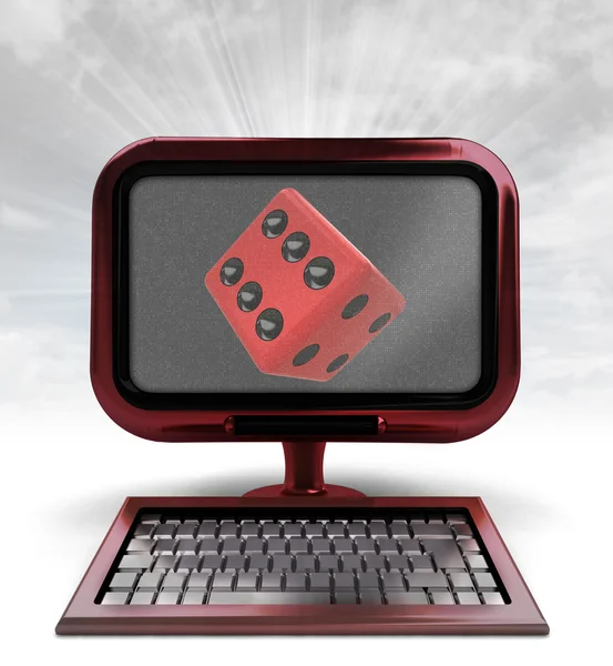 Rode computer met gelukkige kubus met achtergrond flare — Stockfoto
