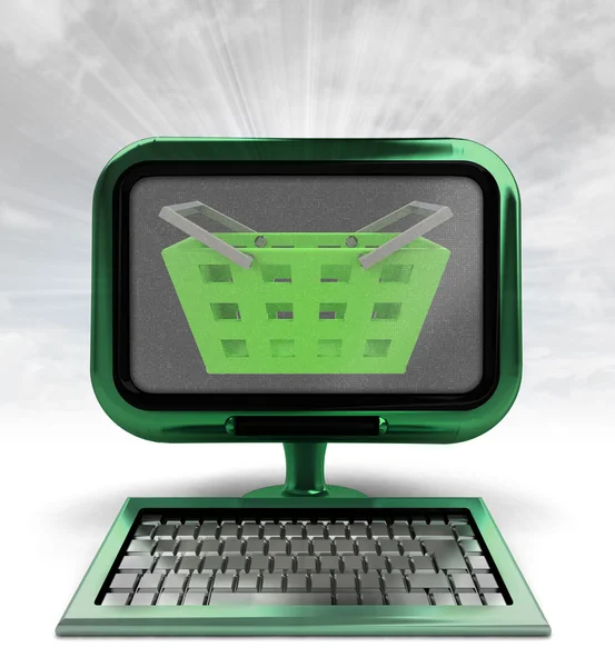Green computer with shopping basket with background flare — Stock Photo, Image