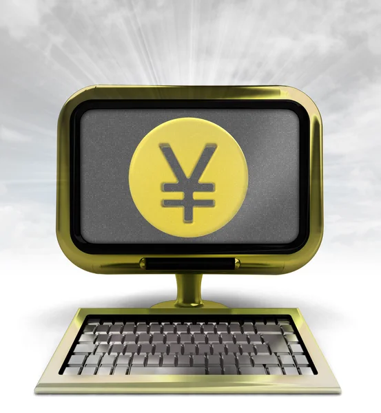 Golden computer with Yuan coin with background flare — Stock Photo, Image