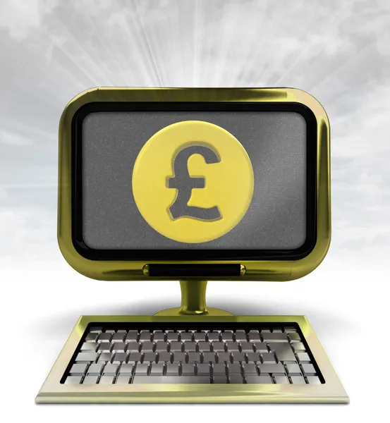Golden computer with Pound coin with background flare — Stock Photo, Image