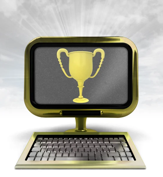 Gyllene metallisk dator med champion cup med bakgrund flare — Stockfoto