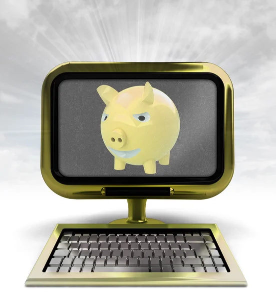 Golden metallic computer with pig with background flare — Stock Photo, Image