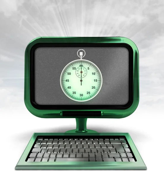 Green metallic computer with stopwatch with background flare — Stock Photo, Image