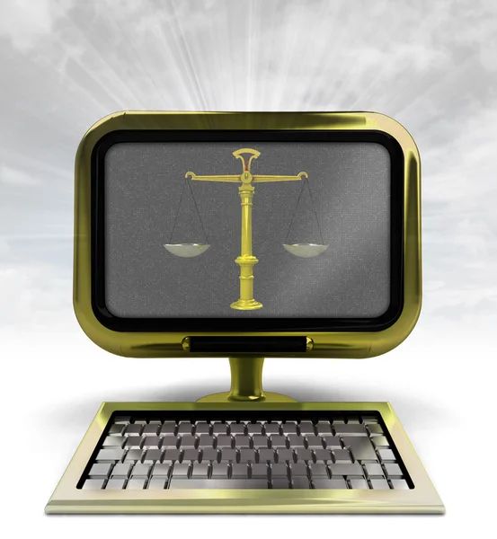 Złoty metalik komputer o wadze sprawiedliwości z tłem pochodni — Zdjęcie stockowe