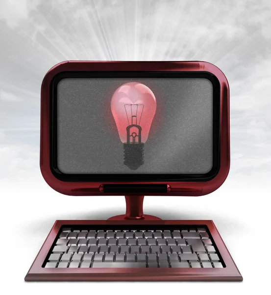 Red metallic computer with shiny bulb with background flare — Stock Photo, Image