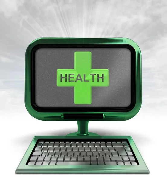 Green metallic computer with health cross with background flare — Stock Photo, Image