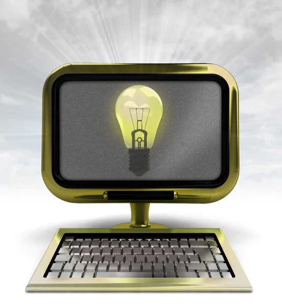 Yellow metallic computer with shiny bulb with background flare — Stock Photo, Image