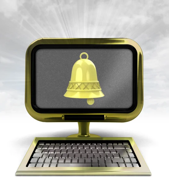 Golden metallic computer with yellow bell with background flare — Stock Photo, Image