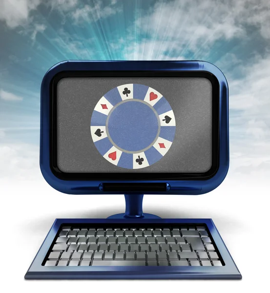 Blue metallic computer with yellow bell with background flare — Stock Photo, Image