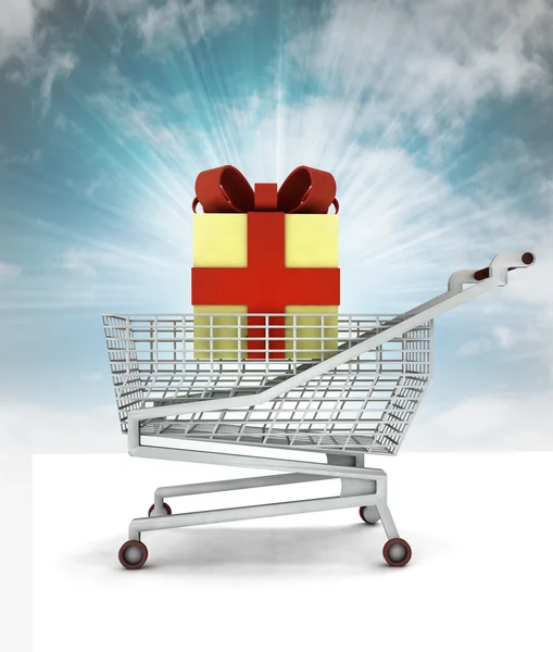 Bought of gift cake in shopping cart with sky — Stock Photo, Image