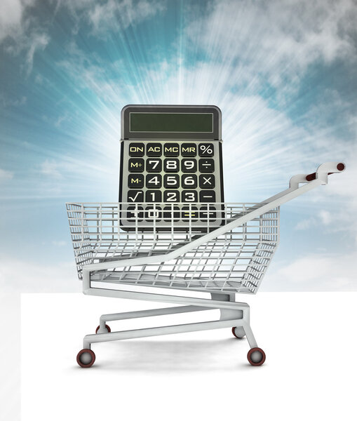 market calculator in shopping cart with sky