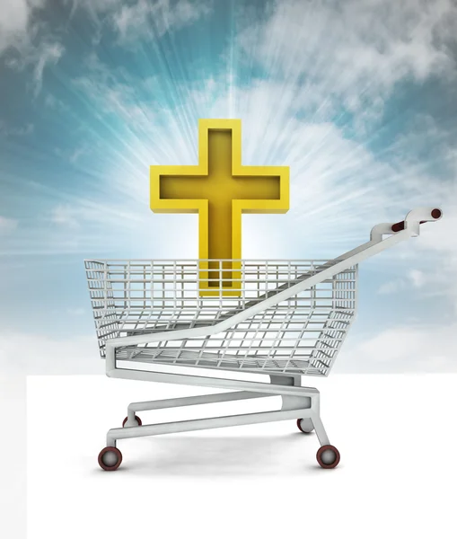 Bought golden cross in shopping cart with sky — Stock Photo, Image